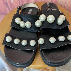 Renvy Black Satin and Pearl Wedge Platform Sandals (10)